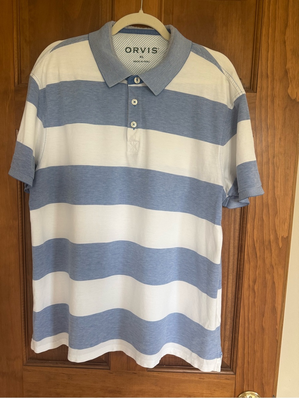 Orvis Light Blue and White Wide-Stripe Polo